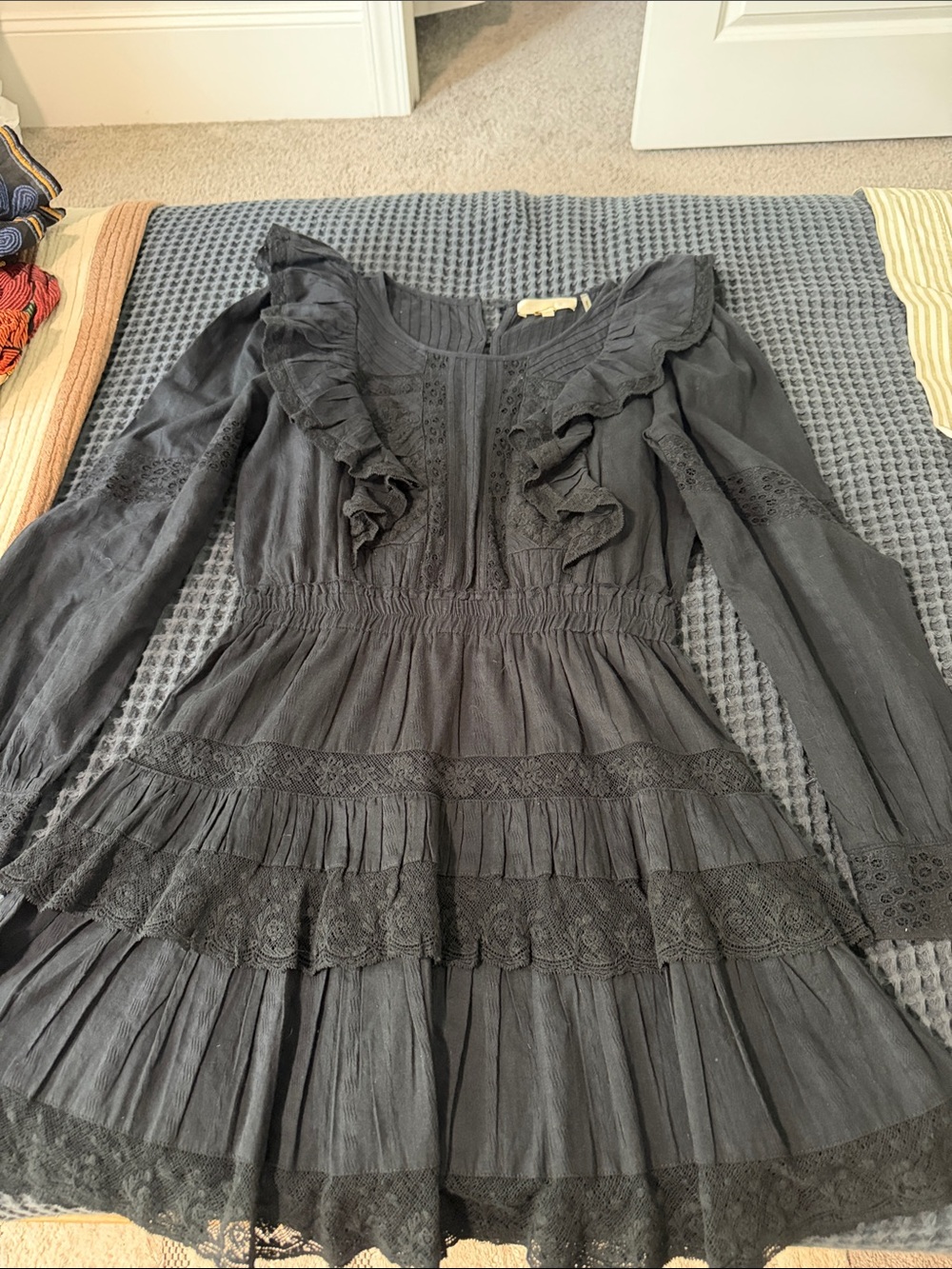 LoveShackFancy Black Ruffled Lace Tiered Long-Sleeve Dress